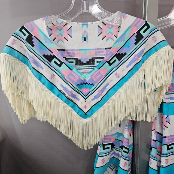 Vintage Cape Handkerchief Skirt Large Turquoise South Western Short Crop Fringe - Picture 2 of 11